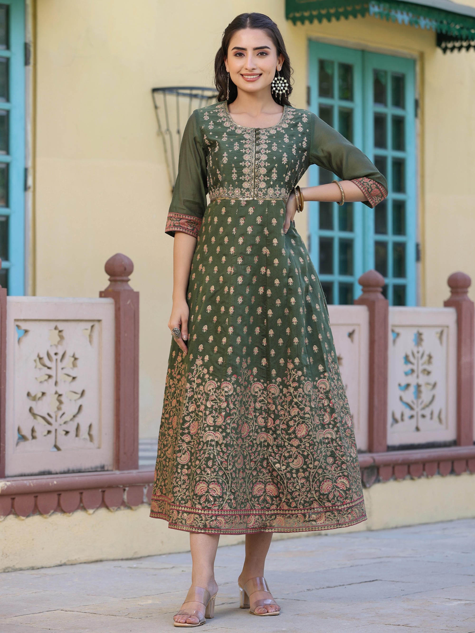 Juniper Women's Olive Green Ethnic Motif Printed Chanderi Dress With Sequins & Zari Work - Distacart