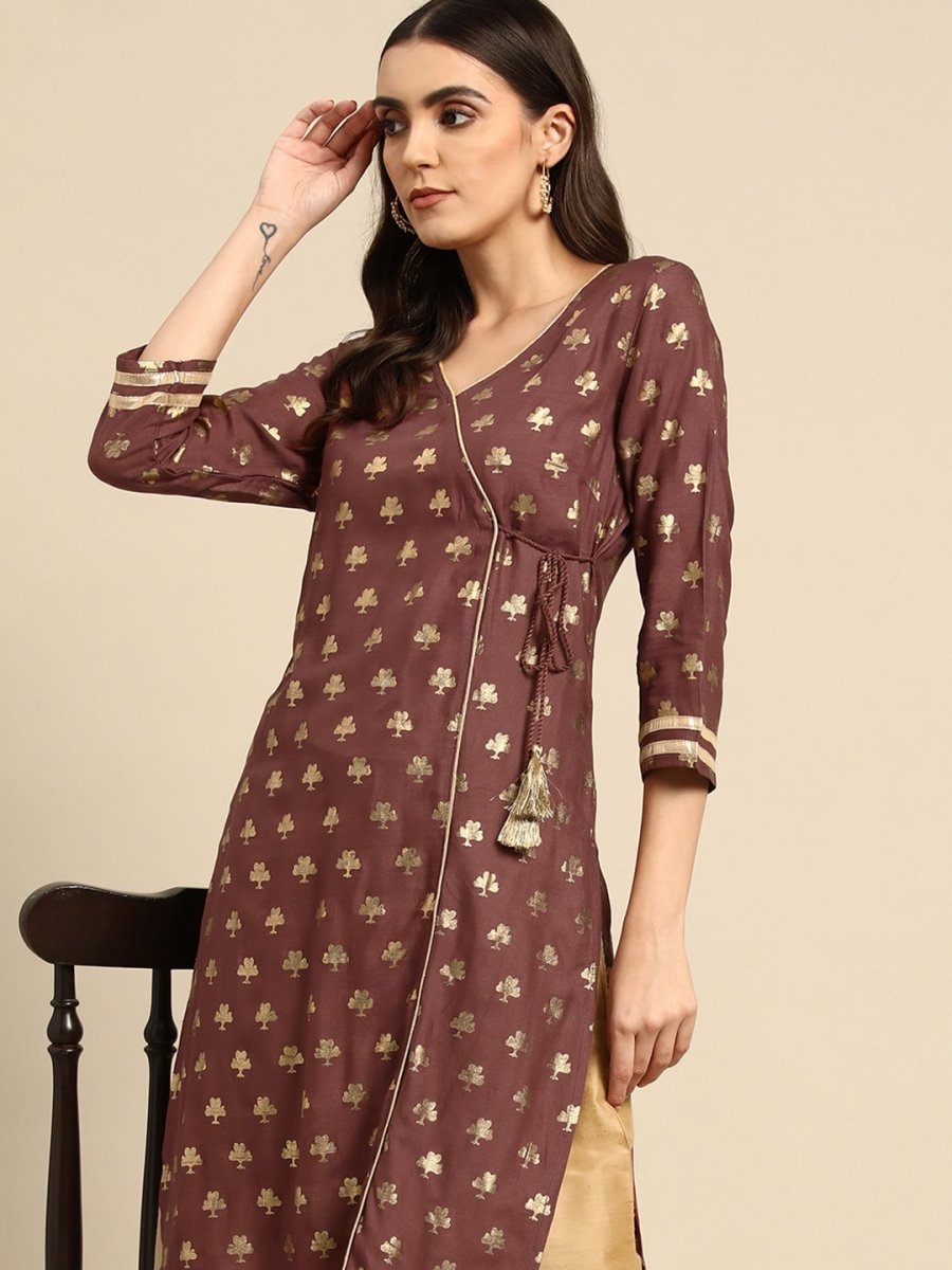 All About You Women Brown & Golden Ethnic Motifs Printed Gotta Patti Kurta - Distacart