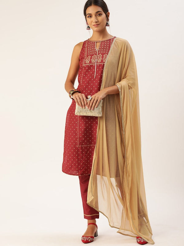All About You Women Red Ethnic Motifs Printed Kurta with Trousers & With Dupatta - Distacart