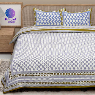 Blue Green Handblock Printed Cotton 200TC King Bedsheet With 2 Zipper Pillow Covers - King Size by House of Ree - Distacart