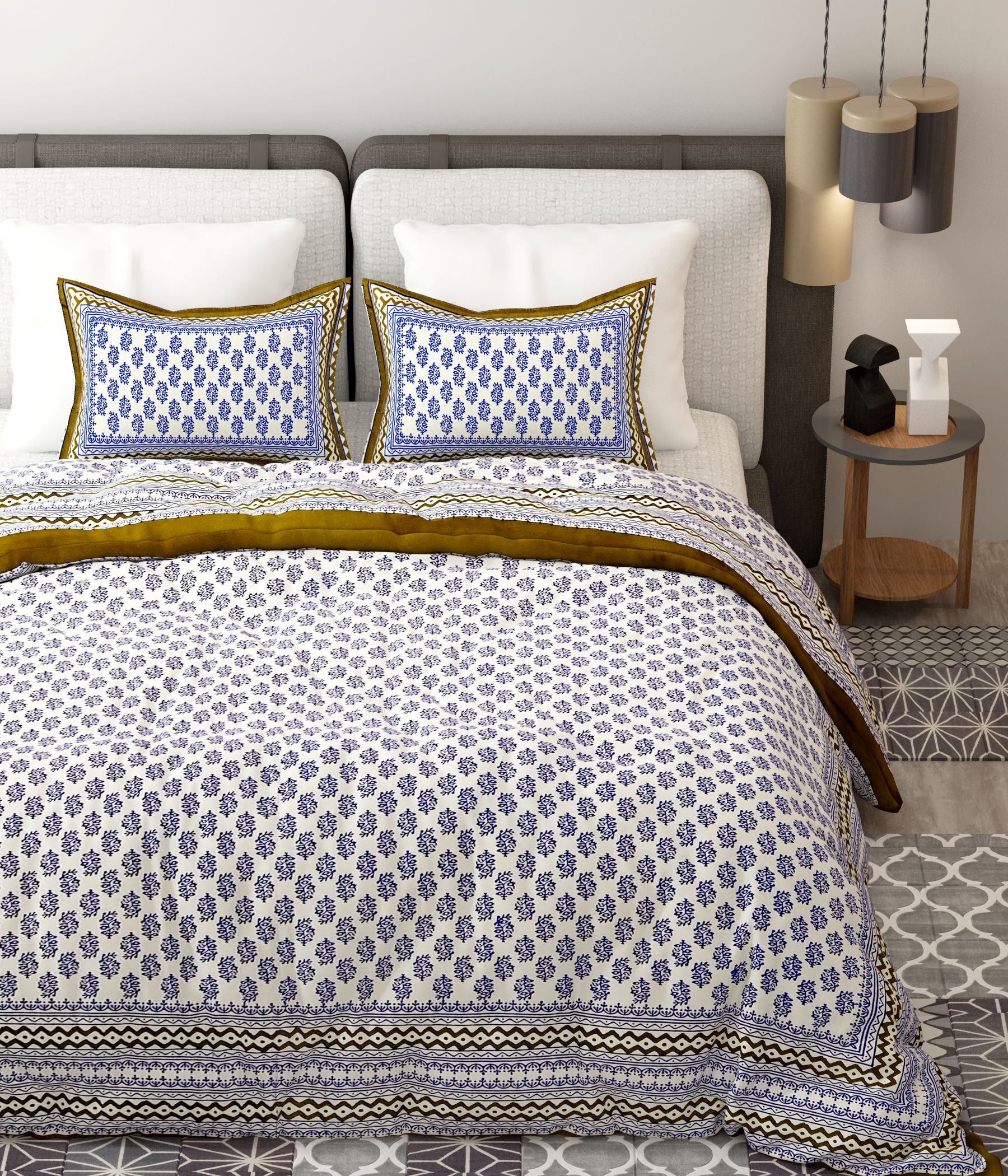 Blue Green Handblock Printed Cotton 200TC King Bedsheet With 2 Zipper Pillow Covers - King Size by House of Ree - Distacart