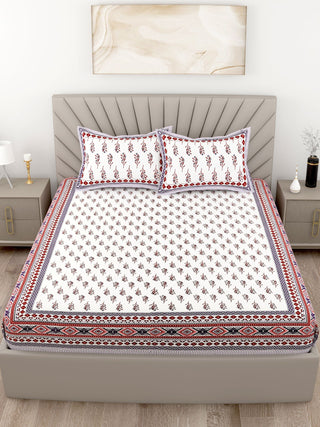 Red White Leaf Design Cotton 200TC King Bedsheet With 2 Zipper Pillow Covers - King Size by House of Ree - Distacart