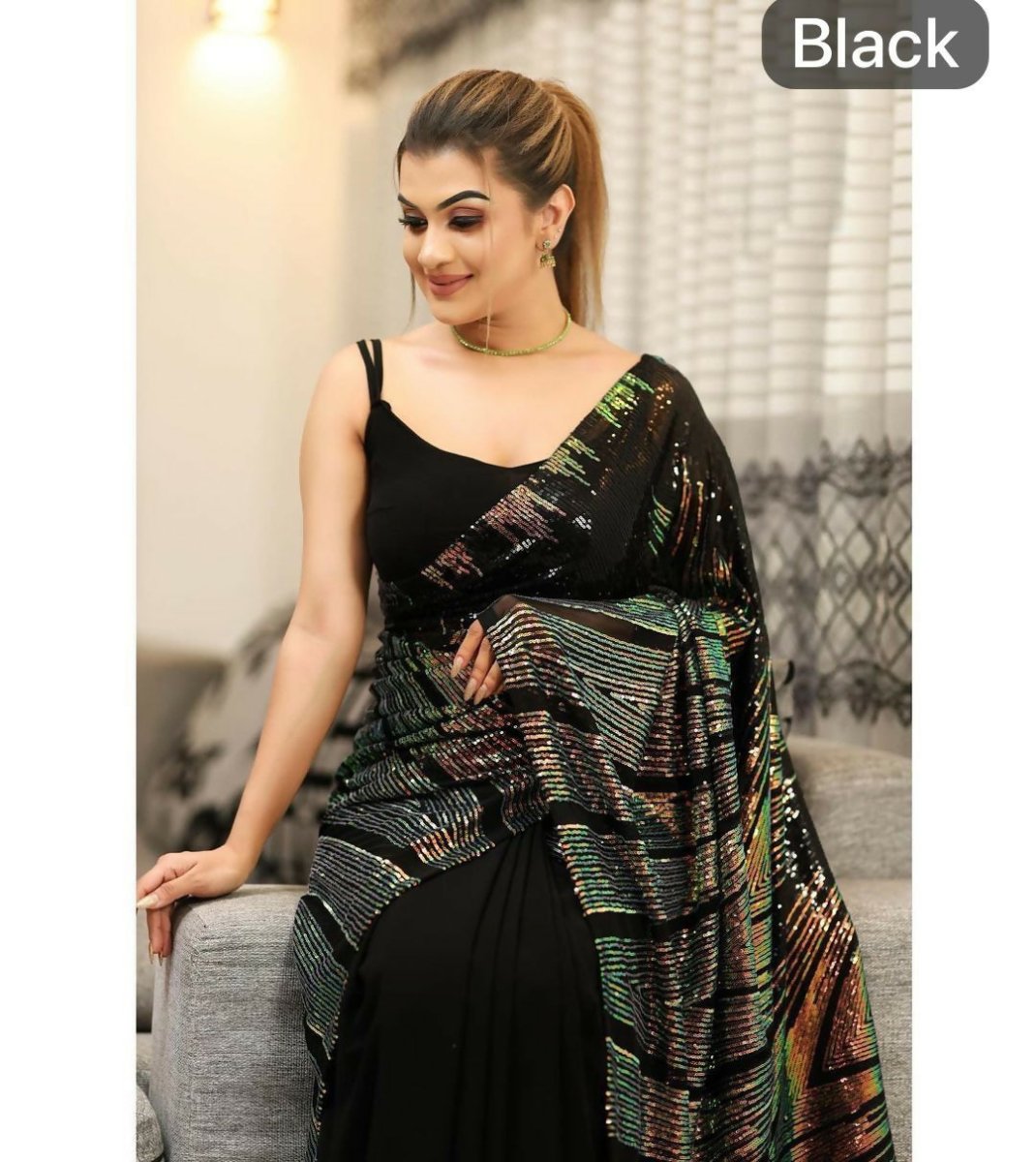Arfa Fashion House Black Georgette Sequince Saree - Distacart