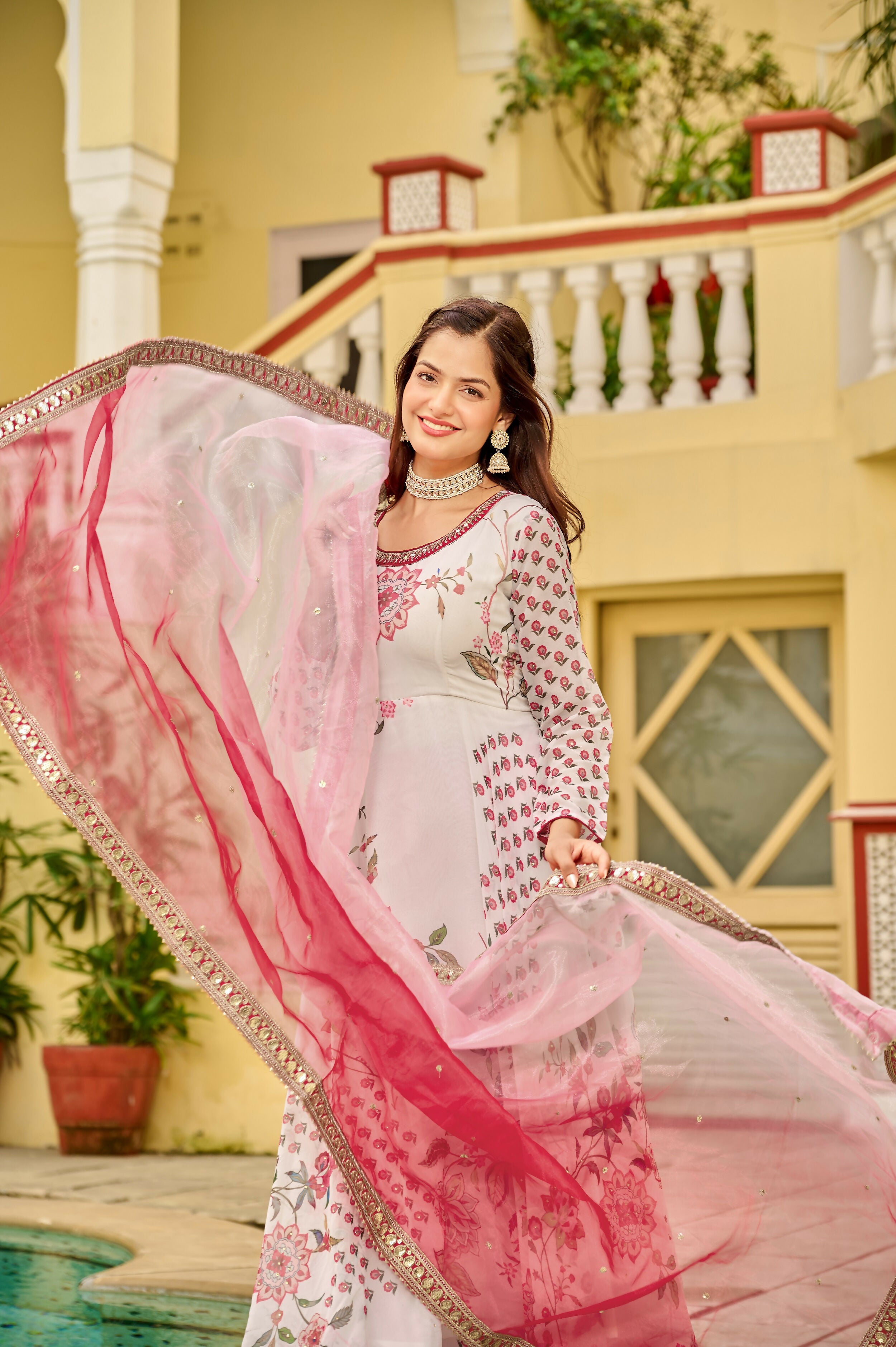 Joban Fashion Pink & White Georgette Embroidery Sequence Work Readymade Kurta Set - Distacart