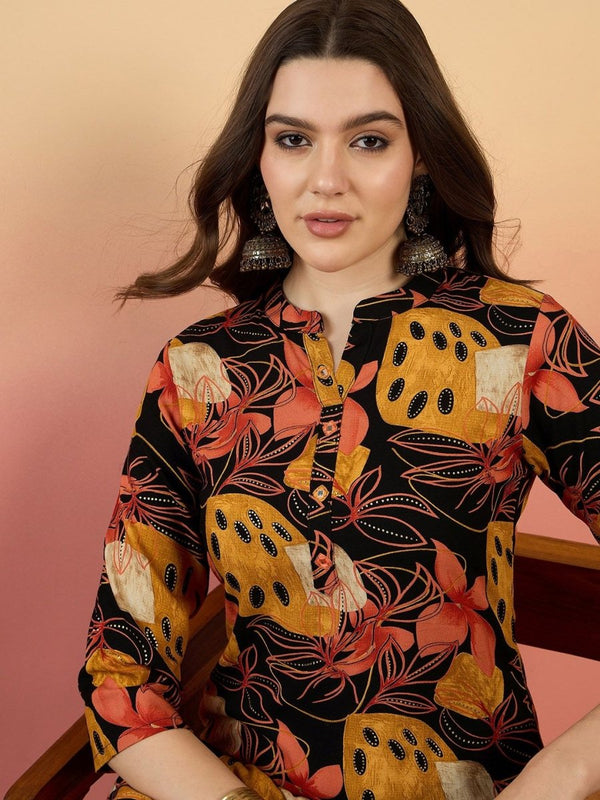 Anouk Floral Printed Mandarin Collar Straight Kurta