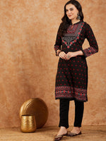 Thumbnail for Sangria Floral Printed Mandarin Collar Winter Kurta & Trousers