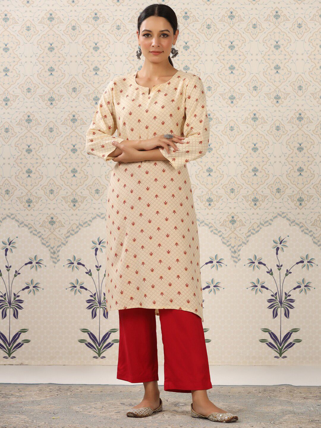 Ode by House of Pataudi Cream-Coloured & Red Printed Notched Neck Kurta With Palazzos - Distacart