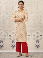 Thumbnail for Ode by House of Pataudi Cream-Coloured & Red Printed Notched Neck Kurta With Palazzos - Distacart