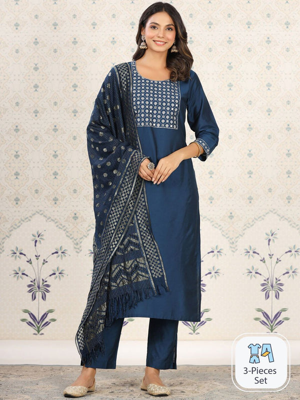 Ode by House of Pataudi Ethnic Motifs Yoke Design Kurta With Trousers & Dupatta - Distacart