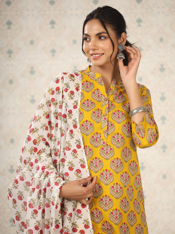 Ode by House of Pataudi Mandarin Collar Floral Printed Regular Pure Cotton Kurta Set - Distacart