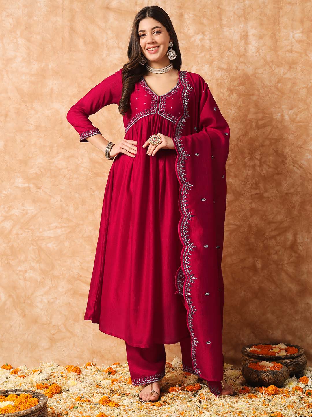 Kalini Ethnic Motif Embroidered Empire Thread Work Anarkali Kurta & Trousers With Dupatta - Distacart