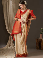 Thumbnail for Anouk Off White & Red Woven Design Zari Pure Georgette Kanjeevaram Saree - Distacart