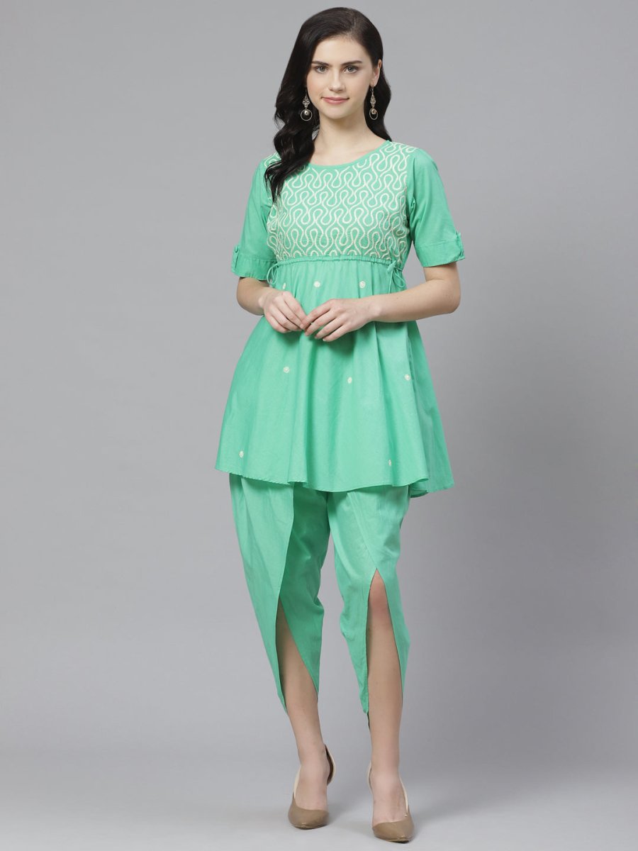ADA Women Green & Off-White Chikankari Embroidered Sustainable Kurti with Dhoti Pants - Distacart