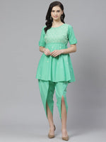 Thumbnail for ADA Women Green & Off-White Chikankari Embroidered Sustainable Kurti with Dhoti Pants - Distacart