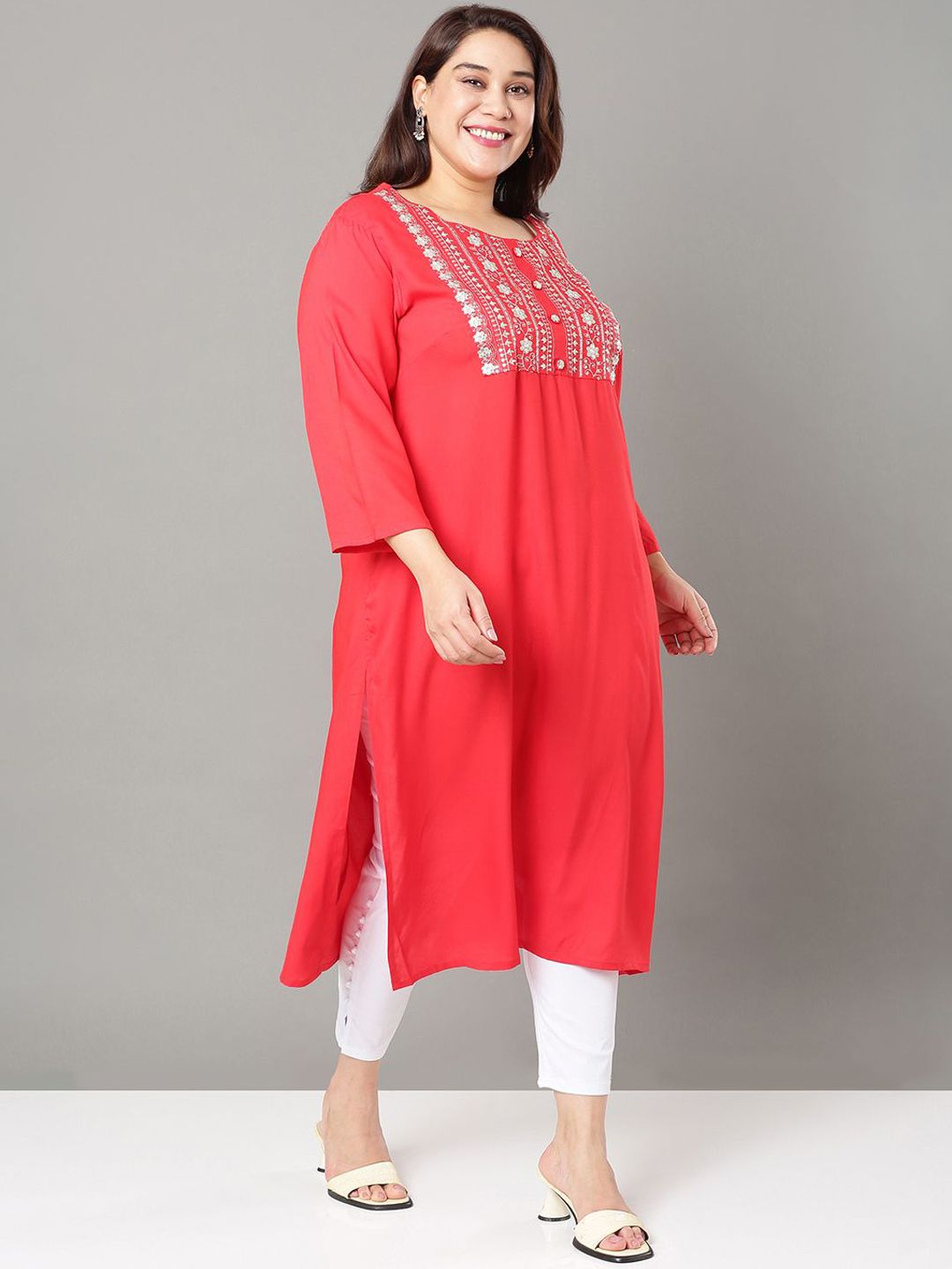 Sztori Floral Embroidered Yoke Design Sequined Straight Kurta - Distacart