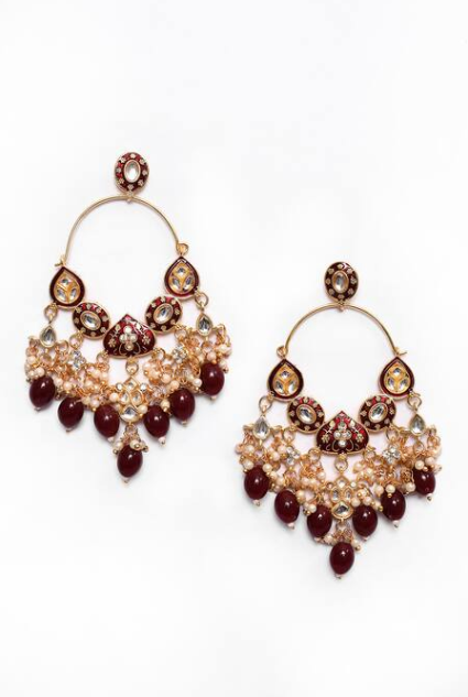 New Stylish Ethnic Partywear Maroon Hoops Kundan Earrings for Womens by House of Ree - Distacart