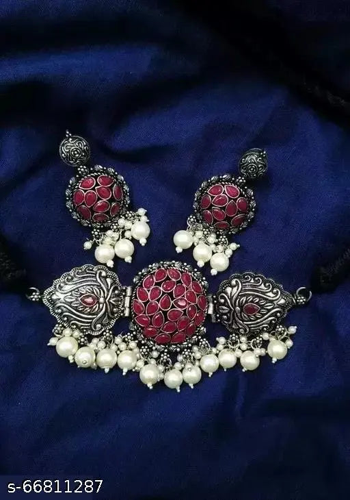 Tehzeeb Creations Women's Maroon Colour Meenakari Necklace Set With White Pearl - Distacart
