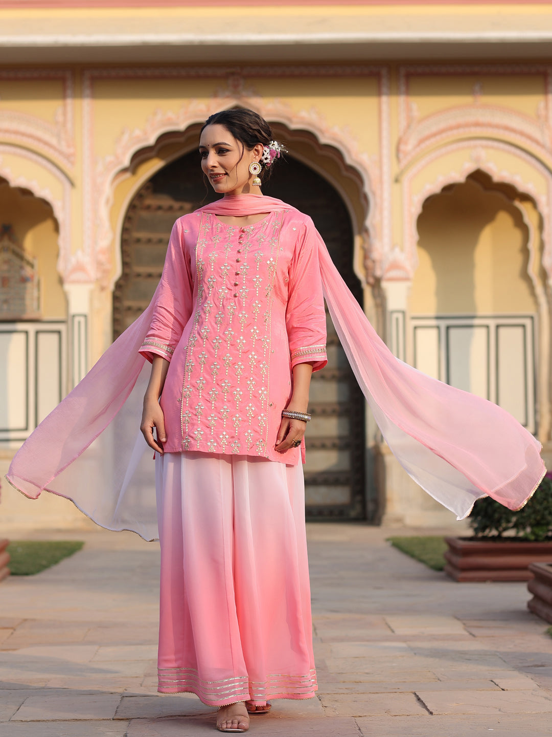 Juniper Women's Pink Solid Viscose Kurta Pant & Dupatta With Mirror Work & Gota Patti - Distacart