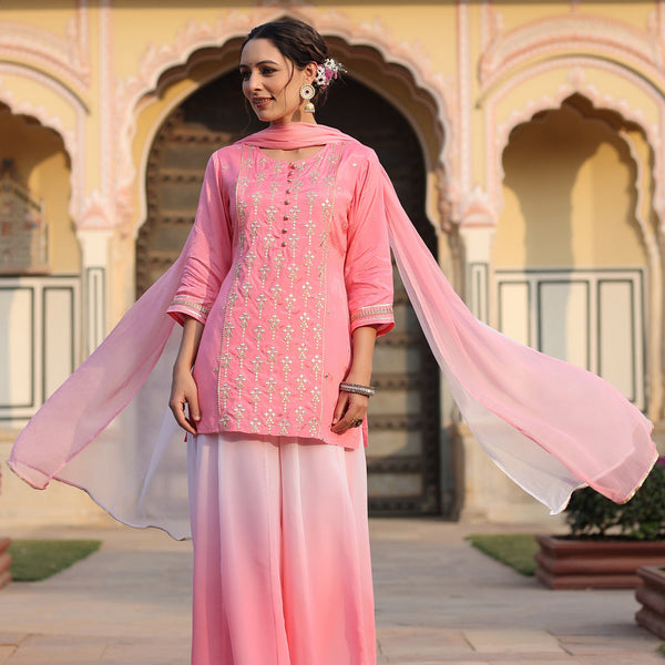 Juniper Women's Pink Solid Viscose Kurta Pant & Dupatta With Mirror Work & Gota Patti - Distacart