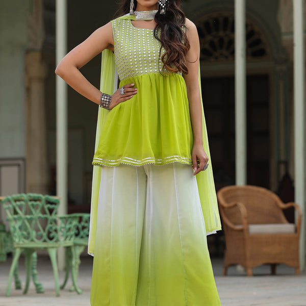 Juniper Women's Green Solid Georgette Kurta Pant & Dupatta Set With Mirror & Thread Work - Distacart
