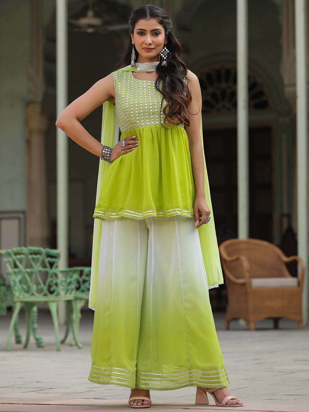 Juniper Women's Green Solid Georgette Kurta Pant & Dupatta Set With Mirror & Thread Work - Distacart