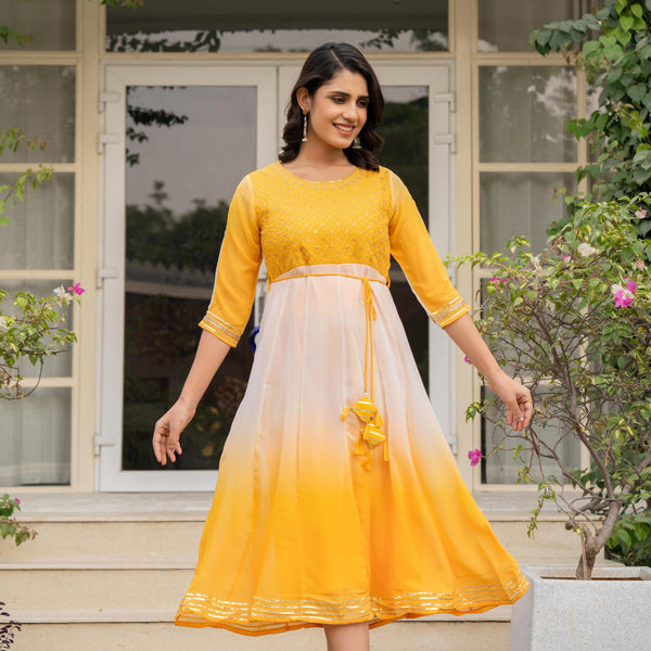 Juniper Women's Yellow Printed Georgette Dress With Doris At Waist & Sequins - Distacart