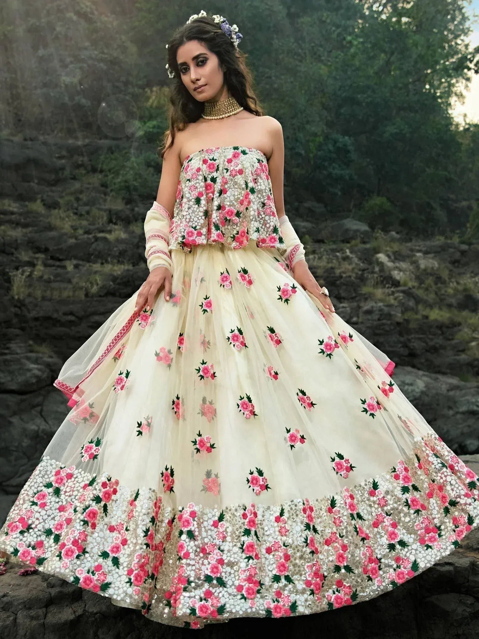 Tulsi Art Off White Floral Thread Embroidered Soft Net Party Wear Lehenga Choli - Dista