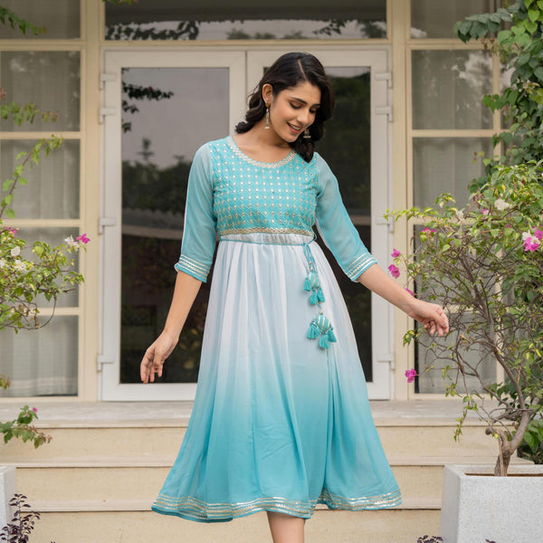 Juniper Women's Teal Solid Georgette Dress With Doris At Waist & Mirror Work - Distacart