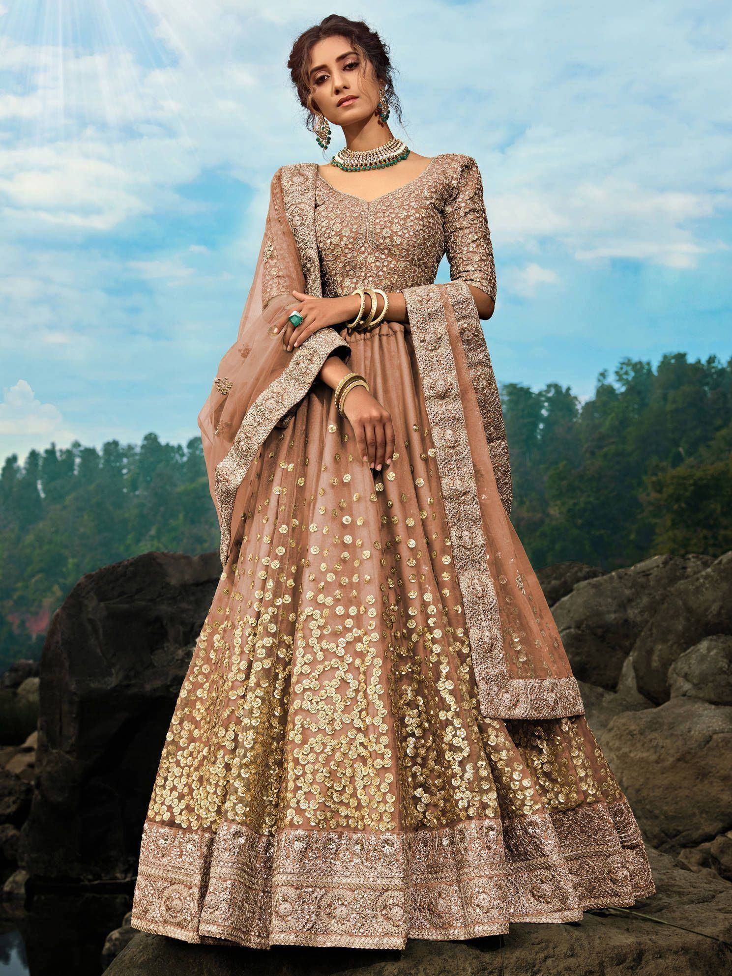 Tulsi Art Brown Zari Worked Soft Net Wedding Wear Lehenga Choli - Dista