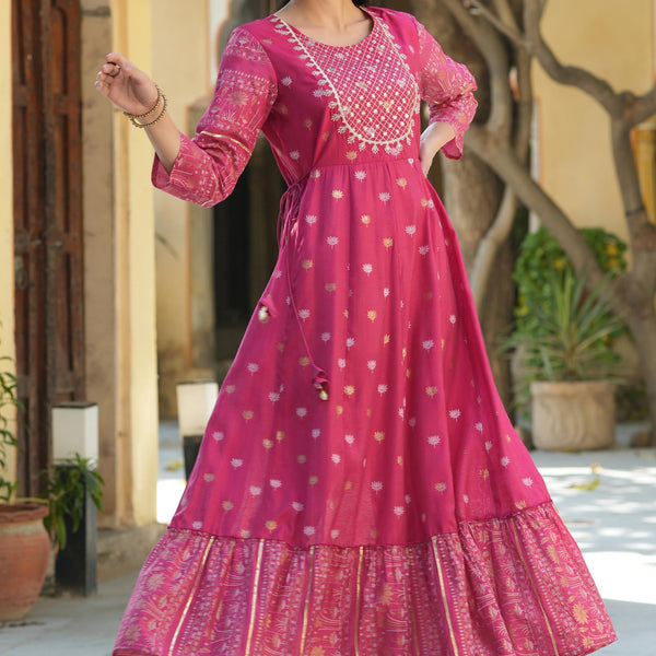 Juniper Women's Fuchsia Ethnic Motif Printed Viscose Dress With Doris & Sequins - Distacart