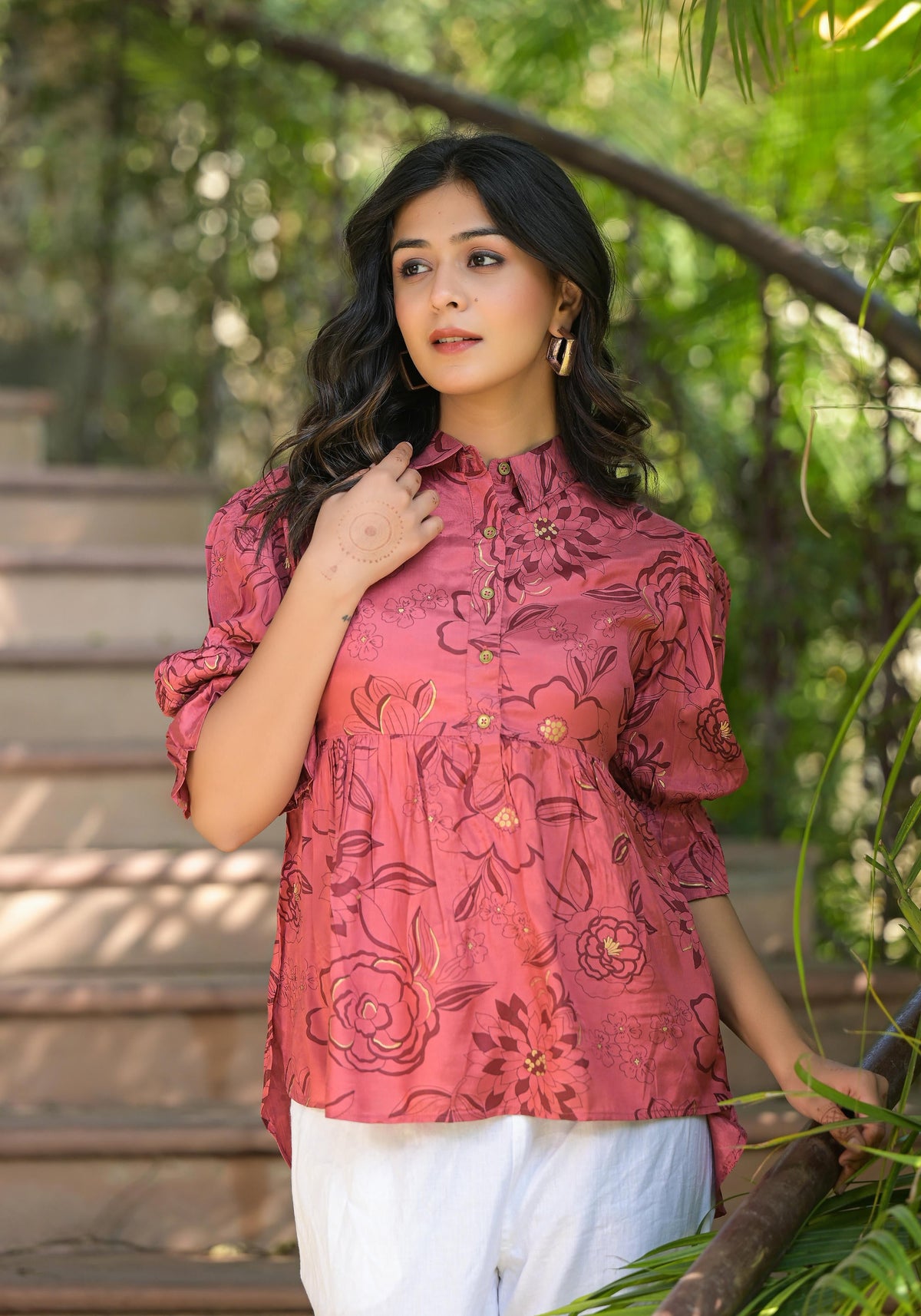 Juniper Women's Rust Floral Printed Shantoon Tunic With Buttons - Distacart