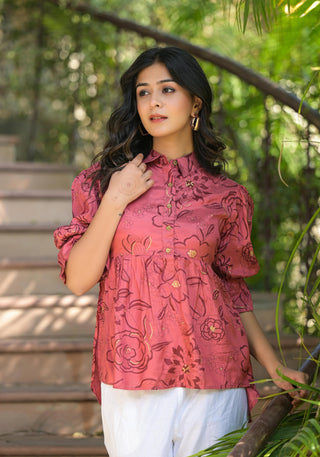 Juniper Women's Rust Floral Printed Shantoon Tunic With Buttons - Distacart