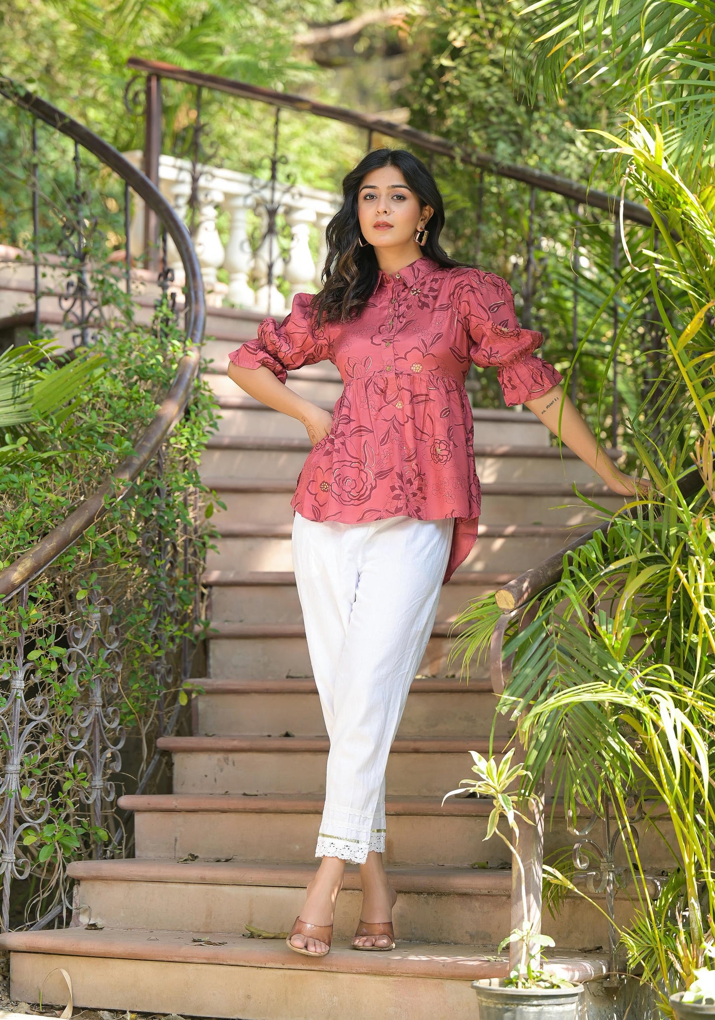 Juniper Women's Rust Floral Printed Shantoon Tunic With Buttons - Distacart