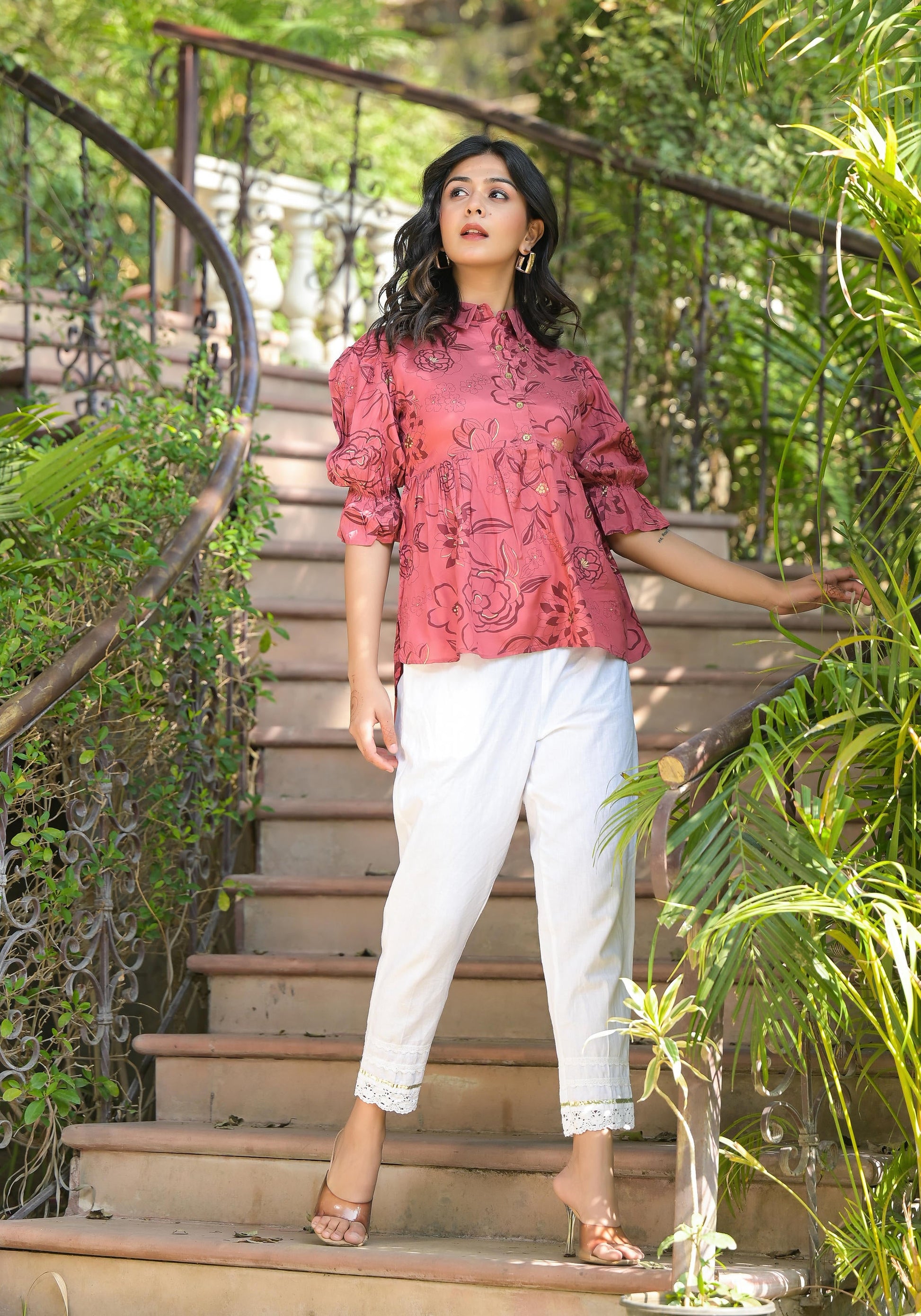 Juniper Women's Rust Floral Printed Shantoon Tunic With Buttons - Distacart