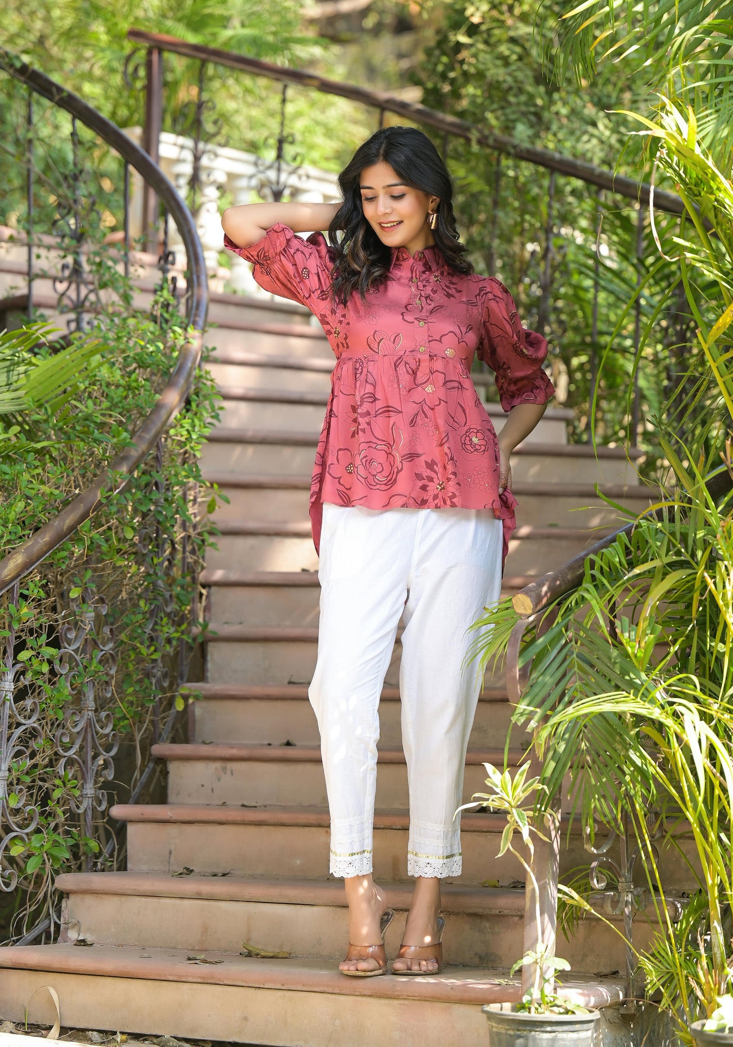 Juniper Women's Rust Floral Printed Shantoon Tunic With Buttons - Distacart