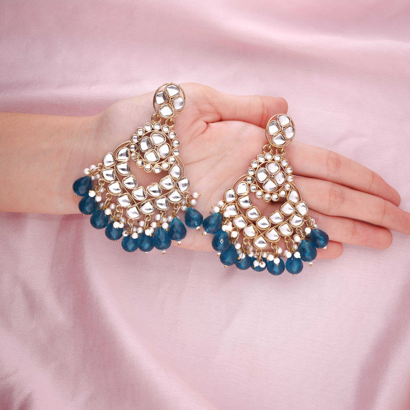 Tehzeeb Creations Gold Polish Kundan Sky Blue Colour Earrings - Distacart