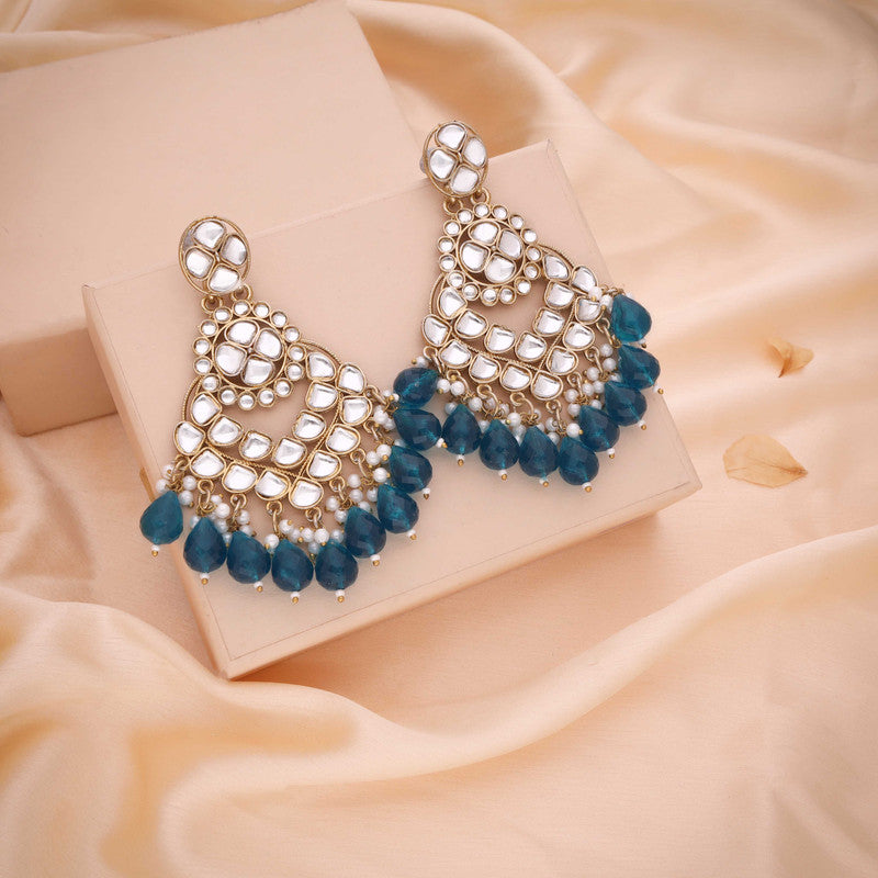 Tehzeeb Creations Gold Polish Kundan Sky Blue Colour Earrings - Distacart