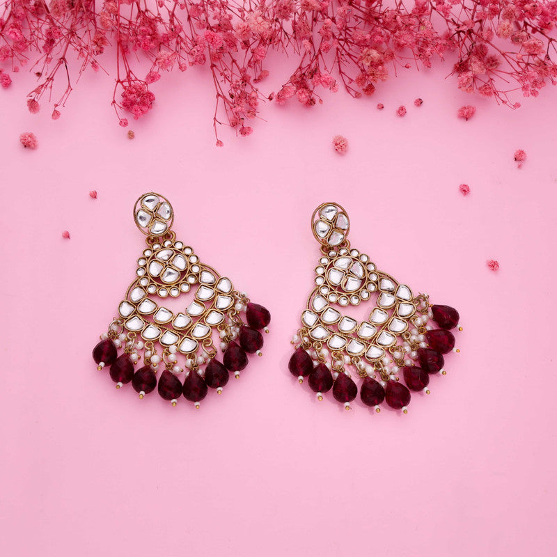 Tehzeeb Creations Gold Polish Kundan Maroon Colour Earrings - Distacart