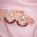 Thumbnail for Tehzeeb Creations Gold Polish Kundan Maroon Colour Earrings - Distacart