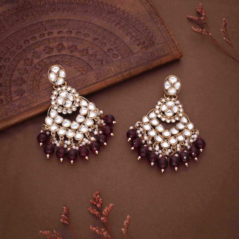 Tehzeeb Creations Gold Polish Kundan Maroon Colour Earrings - Distacart