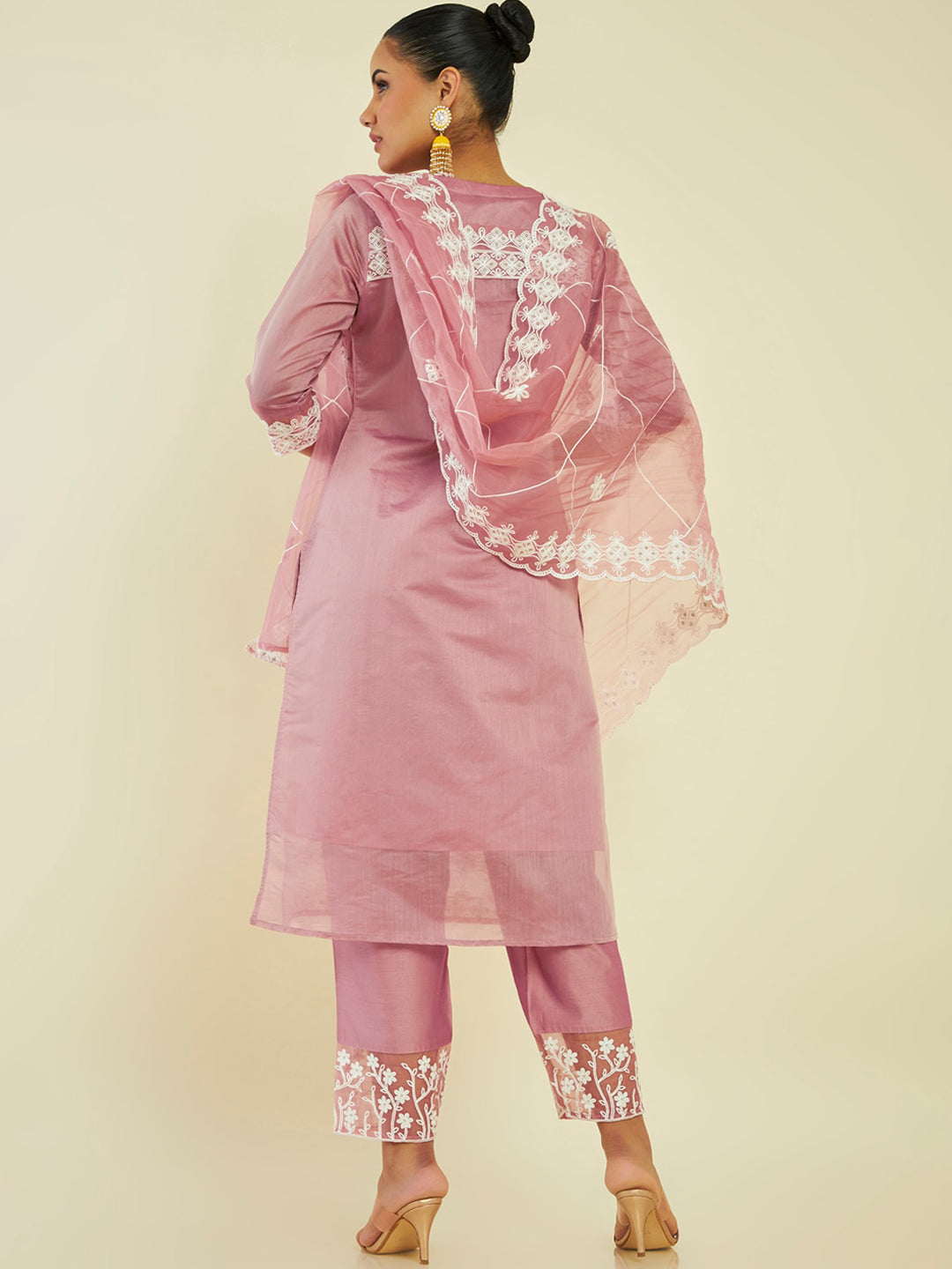 Soch Ethnic Motifs Embroidered Panelled Chanderi Silk Kurta with Palazzos & Dupatta - Distacart