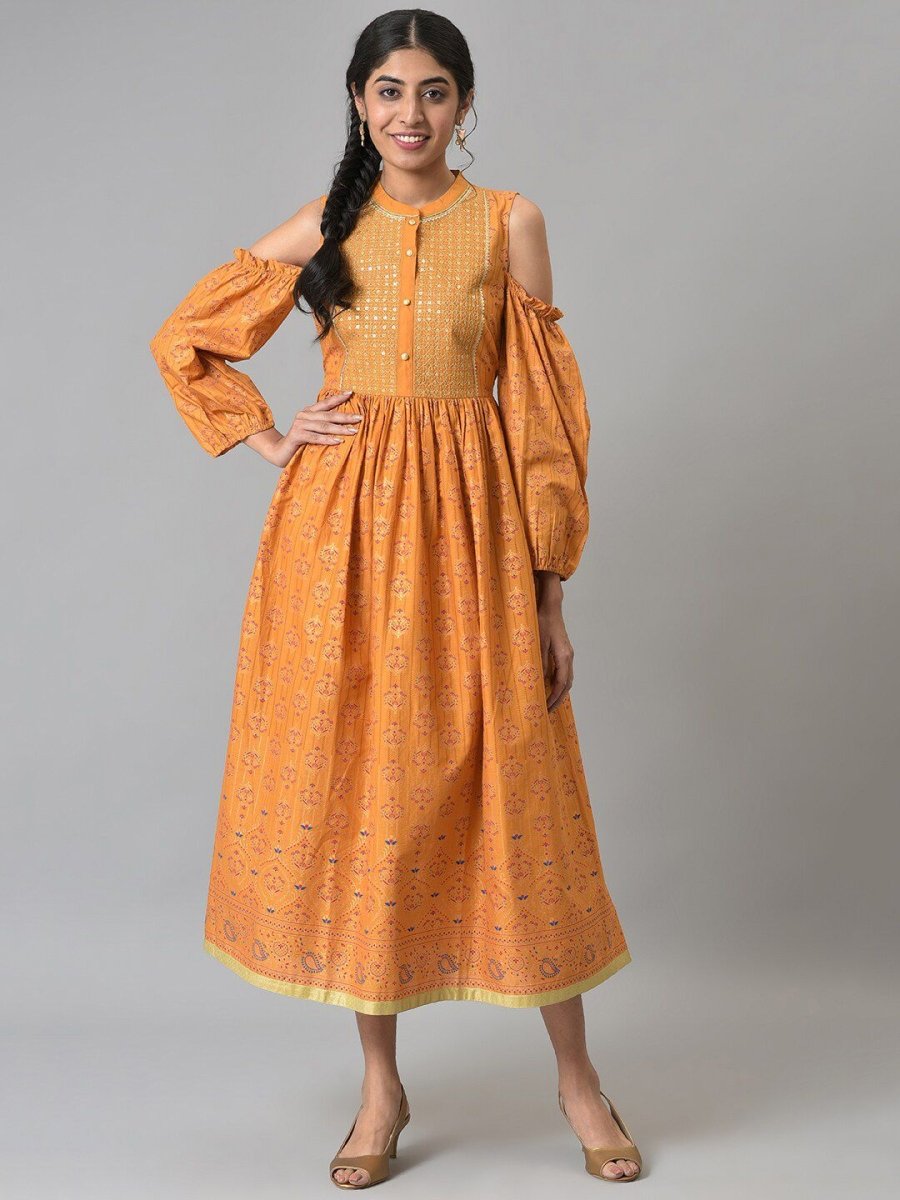 AURELIA Yellow Ethnic Motifs A-Line Midi Dress - Distacart
