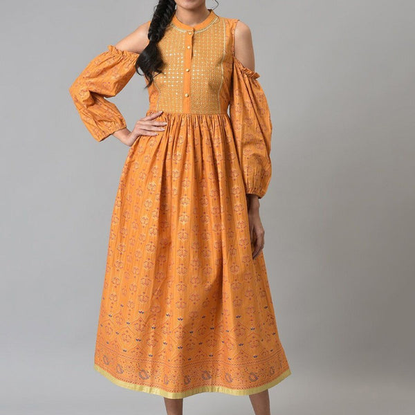 AURELIA Yellow Ethnic Motifs A-Line Midi Dress - Distacart