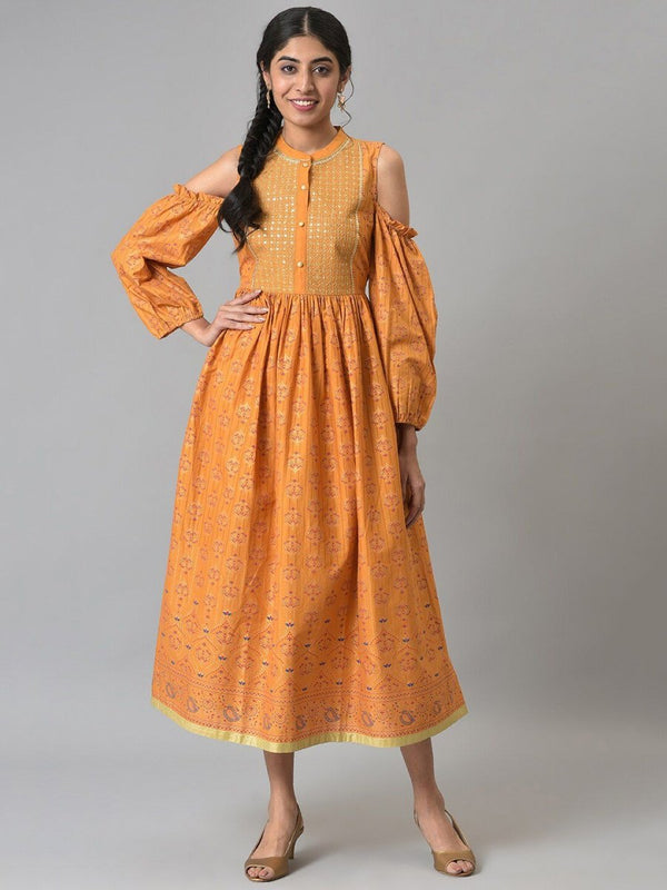 AURELIA Yellow Ethnic Motifs A-Line Midi Dress