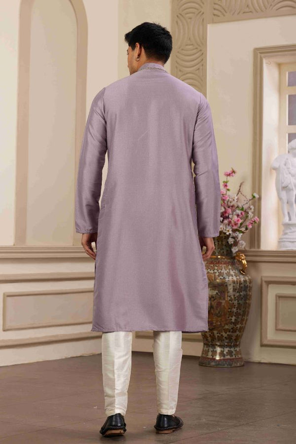 Raivat Ethnic Banarasi Art Silk Hand Work Kurta Pajama In Purple Colour