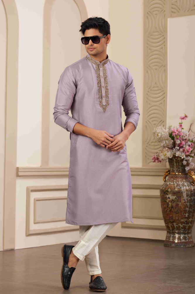 Raivat Ethnic Banarasi Art Silk Hand Work Kurta Pajama In Purple Colour