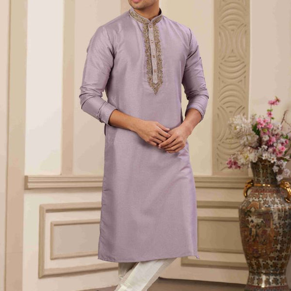 Raivat Ethnic Banarasi Art Silk Hand Work Kurta Pajama In Purple Colour