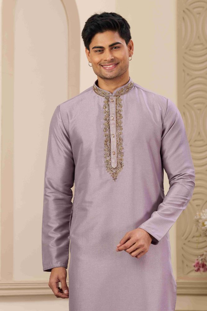 Raivat Ethnic Banarasi Art Silk Hand Work Kurta Pajama In Purple Colour