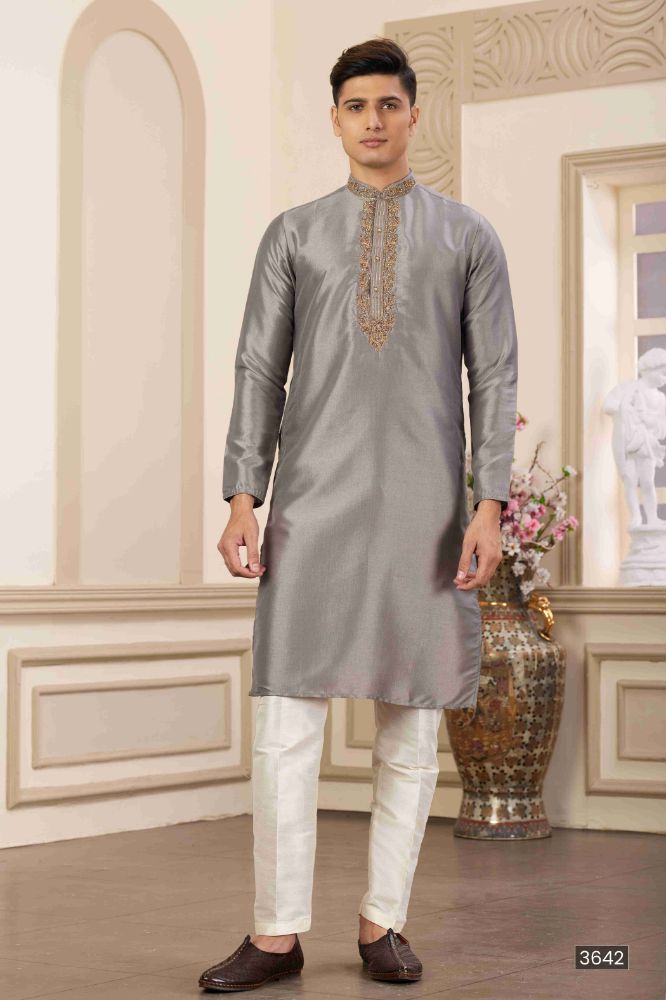 Raivat Ethnic Banarasi Art Silk Hand Work Kurta Pajama In Grey Colour