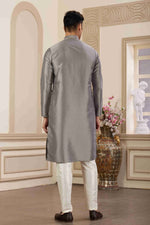 Thumbnail for Raivat Ethnic Banarasi Art Silk Hand Work Kurta Pajama In Grey Colour